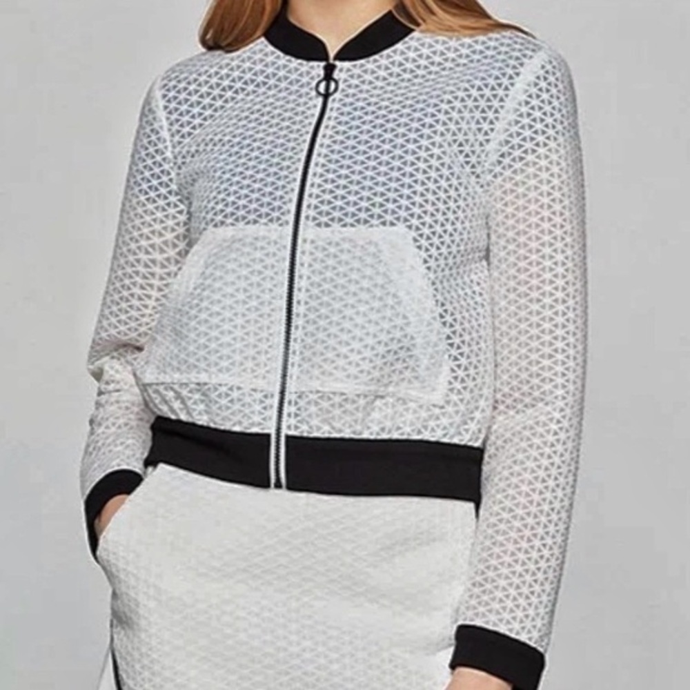 BCBGMAXAZRIA Geometric Mesh Bomber Jacket Black Trim Zip Front Women's L